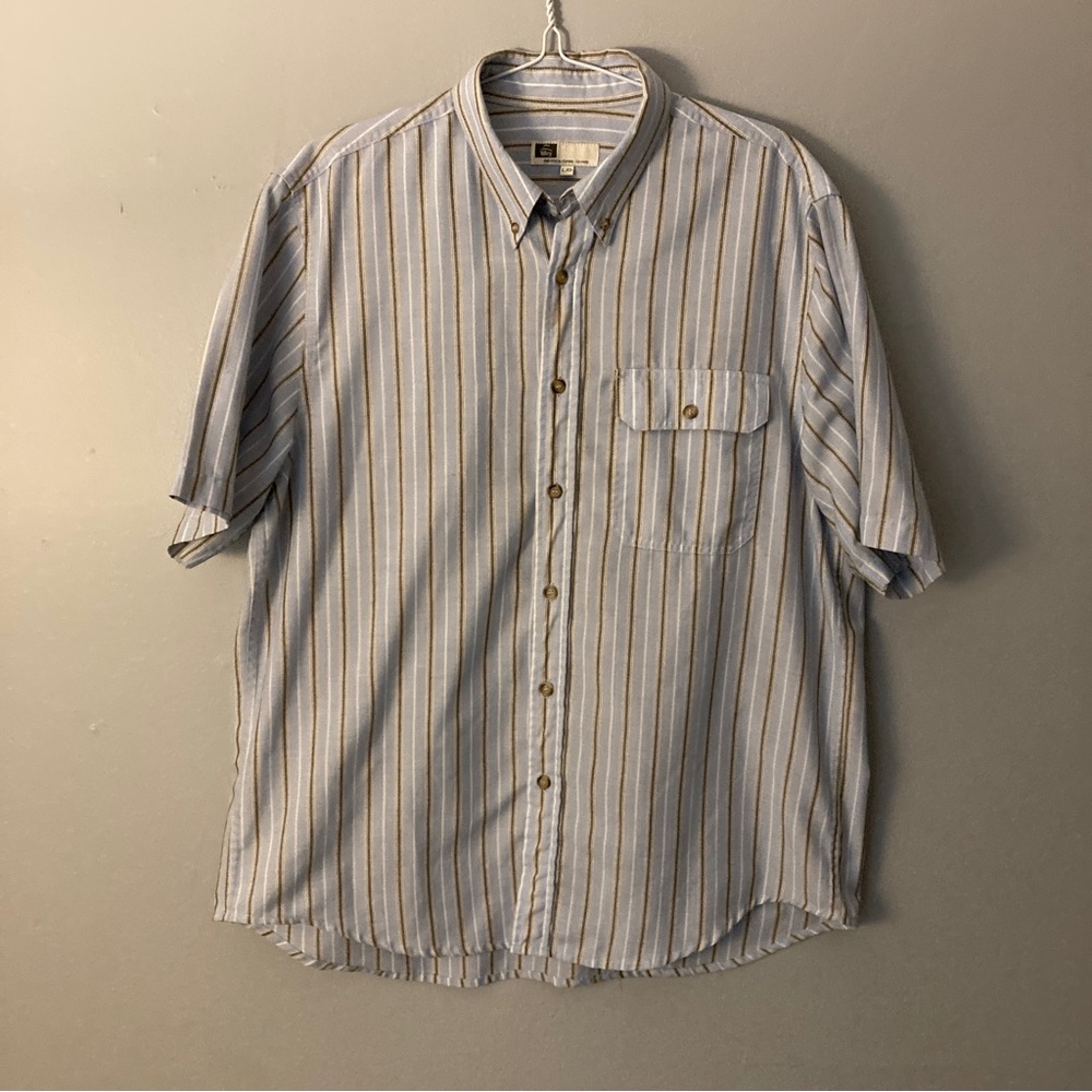 Tilley men’s blue striped cotton button up shirt size large